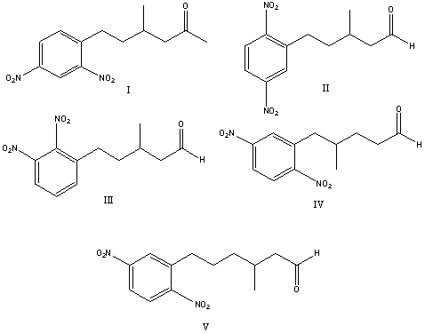 <strong>What is the correct structure for 3-methyl-5-(2,5-dinitrophenyl)pentanal? </strong> A) I B) II C) III D) IV E) V