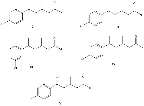 <strong>What is the correct structure for 3-methyl-5-(4-chlorophenyl)hexanal? </strong> A) I B) II C) III D) IV E) V