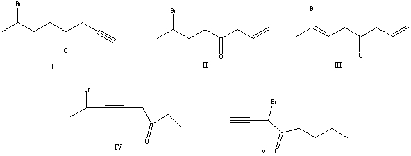 <strong>What is the correct structure for 7-bromo-1-octyn-4-one? </strong> A) I B) II C) III D) IV E) V