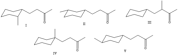 <strong>What is the correct structure for 4-(1-methylcyclohexyl)-2-butanone? </strong> A) I B) II C) III D) IV E) V