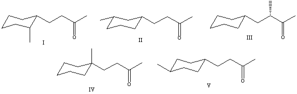 <strong>What is the correct structure for (S)-4-cyclohexyl-3-methyl-2-butanone? </strong> A) I B) II C) III D) IV E) V