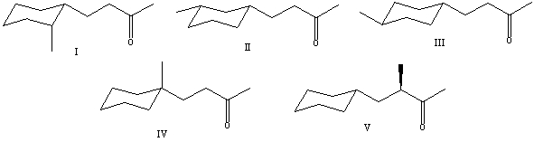 <strong>What is the correct structure for (S)-4-cyclohexyl-3-methyl-2-butanone? </strong> A) I B) II C) III D) IV E) V