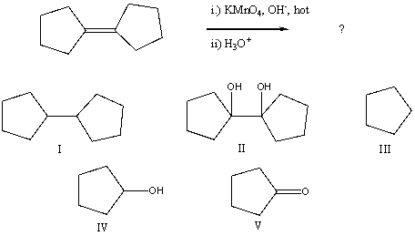 <strong>Select the structure of the major product in the following reaction. </strong> A) I B) II C) III D) IV E) V