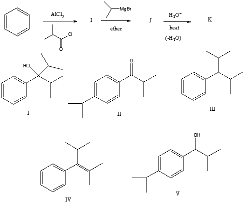 <strong>The product,K,of the following sequence of reactions would be: </strong> A) I B) II C) III D) IV E) V
