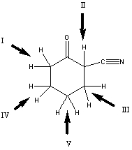 <strong>Which is the most acidic hydrogen in the compound shown?  </strong> A) I B) II C) III D) IV E) V <div style=padding-top: 35px> 