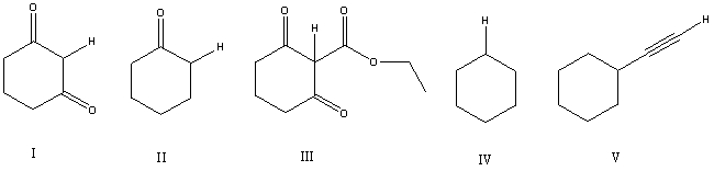 <strong>Considering only the highlighted hydrogens,list the following compounds in order of increasing acidity:  </strong> A) IV,II,III,I,V B) II,V,IV,I,III C) III,I,IV,II,V D) IV,V,II,I,III E) V,IV,III,II,I <div style=padding-top: 35px> 
