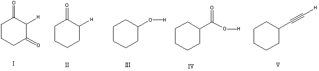 <strong>Considering only the highlighted hydrogens,list the following compounds in order of decreasing acidity:  </strong> A) I,II,III,IV,V B) II,V,III,I,IV C) IV,I,III,II,V D) IV,V,II,I,III E) V,IV,III,II,I <div style=padding-top: 35px> 
