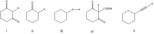 <strong>Considering only the highlighted hydrogens,list the following compounds in order of increasing acidity:  </strong> A) I,II,III,IV,V B) II,V,III,I,IV C) III,I,IV,II,V D) IV,V,II,I,III E) V,II,III,I,IV <div style=padding-top: 35px> 