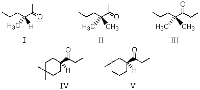 <strong>Which of the following would undergo racemization in base?  </strong> A) I B) II and III C) IV and V D) I and V E) I,IV and V <div style=padding-top: 35px> 