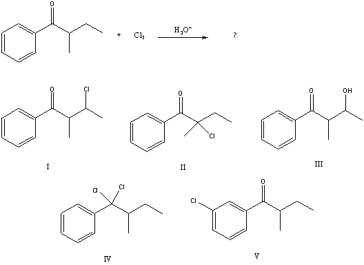 <strong>What would be the major product of the following reaction?  </strong> A) I B) II C) III D) IV E) V B <div style=padding-top: 35px> 
