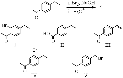 <strong>What would be the major product of the following reaction?  </strong> A) I B) II C) III D) IV E) V <div style=padding-top: 35px> 