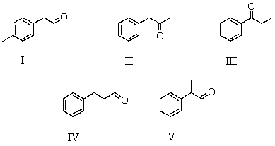  <strong>A compound,X,C<sub>9</sub>H<sub>10</sub>O,which reacts with I<sub>2</sub>/NaOH to give a pale yellow precipitate,gives the following <sup>1</sup>H NMR spectrum. Singlet,  \delta 2.0 Singlet,  \delta 3.0 Multiplet,  \delta 7.7 Which is a possible structure for X?  </strong> A) I B) II C) III D) IV E) V <div style=padding-top: 35px>  