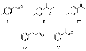  <strong>A compound,X,C<sub>9</sub>H<sub>10</sub>O,which reacts with I<sub>2</sub>/NaOH to give a pale yellow precipitate,gives the following <sup>1</sup>H NMR spectrum. Singlet,  \delta 2.38 Singlet,  \delta 2.54 Multiplet, (centered)  \delta 7.50 Which is a possible structure for X?  </strong> A) I B) II C) III D) IV E) V <div style=padding-top: 35px>  