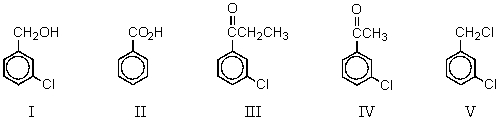<strong>Which compound could be subjected to a haloform reaction to produce m-chlorobenzoic acid?  </strong> A) I B) II C) III D) IV E) V <div style=padding-top: 35px> 