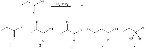 <strong>What would be the major product of the following reaction?  </strong> A) I B) II C) III D) IV E) V <div style=padding-top: 35px> 