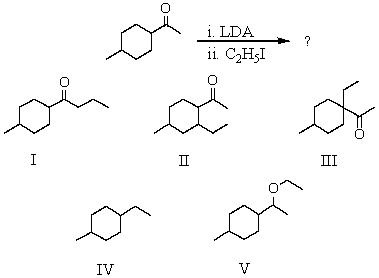 <strong>What would be the major product of the following reaction sequence?  </strong> A) I B) II C) III D) IV E) V <div style=padding-top: 35px> 