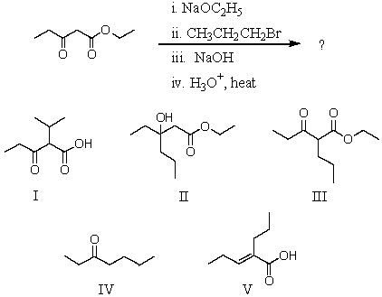 <strong>Predict the product of the following reaction sequence.  </strong> A) I B) II C) III D) IV E) V <div style=padding-top: 35px> 
