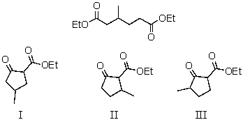 <strong>What is the product of the Dieckmann condensation of this diester, </strong> A) I B) II C) III D) I and II E) I,II,and III