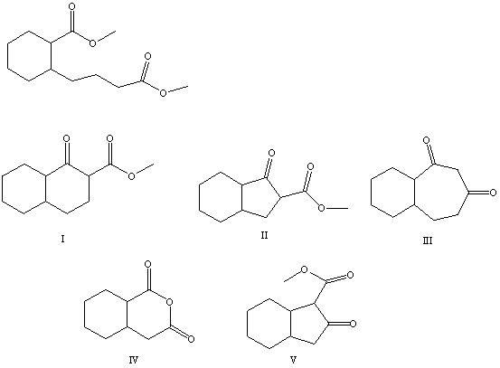 <strong>What is the product of the Dieckmann condensation of this diester, </strong> A) I B) II C) III D) IV E) V