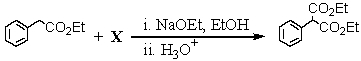 <strong>Consider the synthesis below: What is compound X? </strong> A) O=C(OEt)<sub>2</sub> B) HCO<sub>2</sub>Et C) EtO-CO-CO-OEt D) CH<sub>3</sub>CO<sub>2</sub>Et E) BrCH<sub>2</sub>CO<sub>2</sub>Et