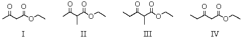 <strong>What product(s)result from the Claisen condensation carried out with an equimolar mixture of ethyl acetate and ethyl propanoate? </strong> A) I B) II C) III D) IV E) All of these