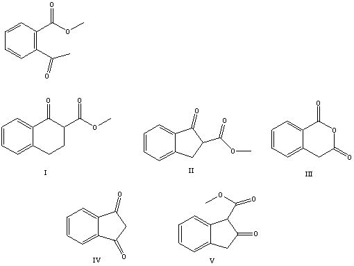 <strong>What is the product of the Dieckmann-like condensation of this ketoester, </strong> A) I B) II C) III D) IV E) V