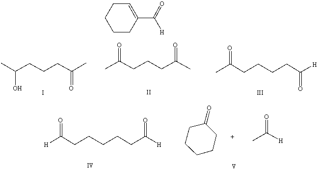 <strong>What starting compound(s)would you use in an aldol reaction to prepare as the major product: </strong> A) I B) II C) III D) IV E) V