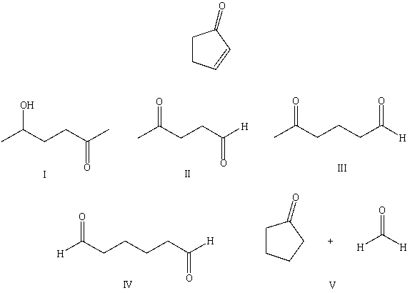 <strong>What starting compound(s)would you use in an aldol reaction to prepare as the major product: </strong> A) I B) II C) III D) IV E) V