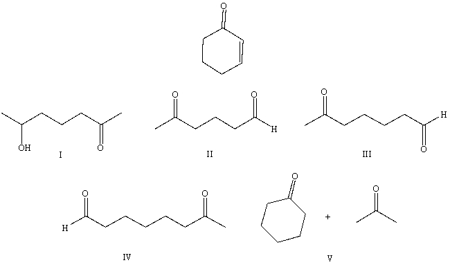 <strong>What starting compound(s)would you use in an aldol reaction to prepare as the major product: </strong> A) I B) II C) III D) IV E) V
