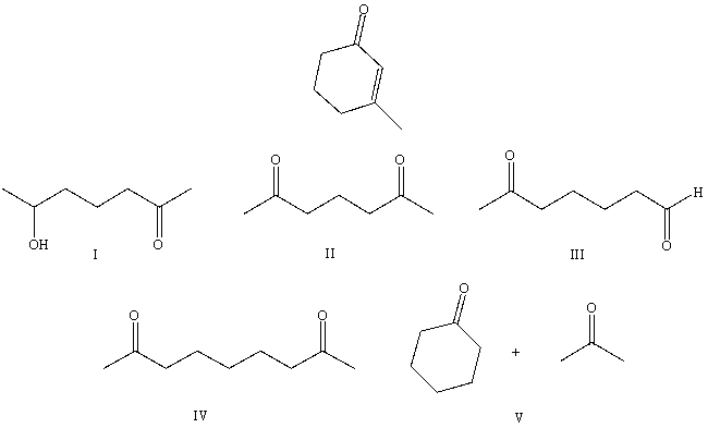 <strong>What starting compound(s)would you use in an aldol reaction to prepare as the major product: </strong> A) I B) II C) III D) IV E) V