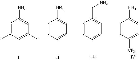 <strong>Arrange the following amines in order of increasing basicity (least to most)in aqueous solution: </strong> A) IV < II < I < III B) III < II < IV < I C) III < I < II < IV D) II < III < I < IV E) Cannot be determined from information given