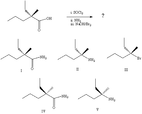 <strong>What is the final product of the reaction sequence: </strong> A) I B) II C) III D) IV E) V