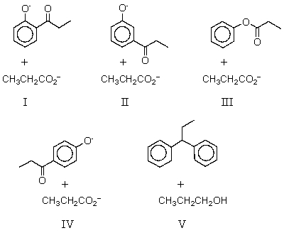 <strong>What are the products of the reaction of phenol with propanoic anhydride in the presence of base? </strong> A) I B) II C) III D) IV E) V
