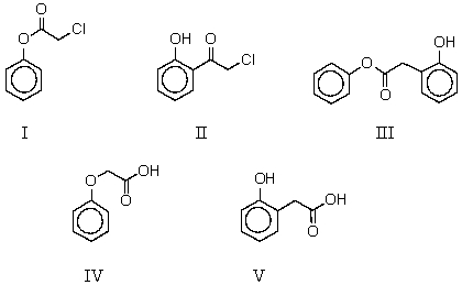 <strong>What is the product of the reaction of phenol and chloroacetic acid in basic solution,followed by acidification? </strong> A) I B) II C) III D) IV E) V