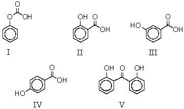 <strong>When sodium phenoxide is heated to 125 \degree C with carbon dioxide under pressure and the product mixture acidified,which of these is produced? </strong> A) I B) II C) III D) IV E) V