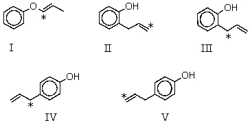 <strong>Which product is likely to be obtained during the following reaction of the isotope-labeled allyl ether (14C-isotopic site marked with an asterisk)? </strong> A) I B) II C) III D) IV E) V
