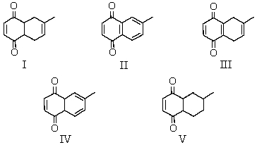 <strong>What is the product of the reaction of 1 mol of p-benzoquinone with 1 mol of isoprene (2-methyl-1,3-butadiene)? </strong> A) I B) II C) III D) IV E) V
