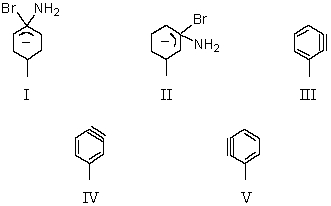 <strong>The formation of equal amounts of m-toluidine (m-aminotoluene)and p-toluidine in the reaction of p-bromotoluene with sodium amide in liquid ammonia at -33 \degree C suggests this species as the reaction intermediate: </strong> A) I B) II C) III D) IV E) V
