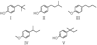 <strong>Compound L has the molecular formula C<sub>11</sub>H<sub>16</sub>O.L is insoluble in water but dissolves in aqueous NaOH.The infrared spectrum of L shows a broad absorption band in the 3200-3600 cm<sup>-1</sup> region;its <sup>1</sup>H NMR spectrum consists of: triplet, δ 0.80 (3H) Singlet, δ1.2 (6H) Quartet,δ 1.5 (2H) Singlet, δ4.5 (1H) Multiplet,δ 7.0 (4H) The most likely structure for compound L is: </strong> A) I B) II C) III D) IV E) V
