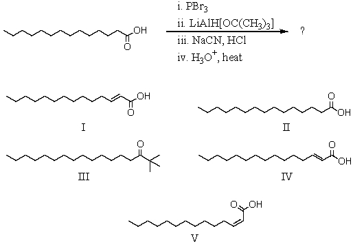 <strong>The final product of the following reaction sequence would be:,  </strong> A) I B) II C) III D) IV E) V <div style=padding-top: 35px> 
