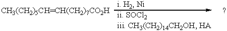 <strong>The product of the following reaction sequence may be described as?  </strong> A) Alkoxyalkane B) Alkyl alkanoate C) Alkyl alkenoate D) Acyl glycerol E) Acyl Alkane <div style=padding-top: 35px> 