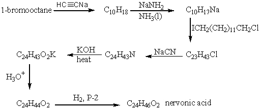 <strong>The product of the following reaction sequence is nervonic acid.What is the structure of nervonic acid?  </strong> A)   B)   C)   D)   E)   <div style=padding-top: 35px> 