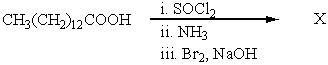 <strong>What would be the product,X,of the following reaction sequence?  </strong> A)   B)   C) CH<sub>3</sub>(CH<sub>2</sub>)<sub>11</sub>CH<sub>2</sub>NH<sub>2</sub> D) CH<sub>3</sub>(CH<sub>2</sub>)<sub>12</sub>CONH<sub>2</sub> E) CH<sub>3</sub>(CH<sub>2</sub>)<sub>12</sub>COBr <div style=padding-top: 35px> 
