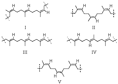 <strong>Which is the proper representation of three successive isoprene units in natural rubber?  </strong> A) I B) II C) III D) IV E) V <div style=padding-top: 35px> 