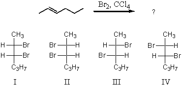 <strong>What would be the major product of the following reaction? </strong> A)Equal amounts of I and II. B)Equal amounts of II and III. C)Equal amounts of III and IV. D)I and II as major products,III and IV as minor products. E)All of these choices in equal amounts.
