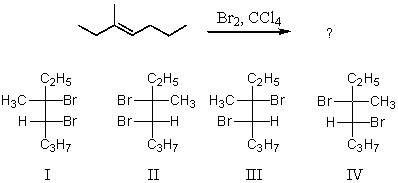<strong>What would be the major product of the following reaction? </strong> A)Equal amounts of I and II. B)Equal amounts of II and III. C)Equal amounts of III and IV. D)I and II as major products,III and IV as minor products. E)All of these choices in equal amounts.