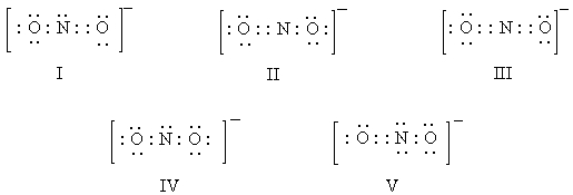 <strong>Which of these is a correct electron-dot representation of the nitrite ion,NO<sub>2</sub><sup>-</sup>? </strong> A)I B)II C)III D)IV E)V