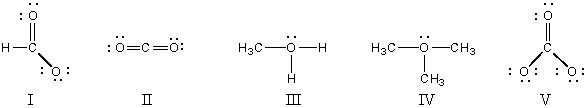 <strong>Which structure(s)contain(s)an oxygen that bears a formal charge of +1? </strong> A)I and II B)III and IV C)V D)II E)I and V