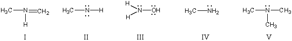 <strong>In which structure(s)below does nitrogen have a formal charge of +1? </strong> A)I B)II and IV C)III and V D)I and V E)V