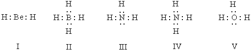 <strong>Listed below are electron dot formulas for several simple molecules and ions.All valence electrons are shown; however,electrical charges have been omitted deliberately. Which of the structures is negatively charged?</strong> A)I B)II C)III D)IV E)V